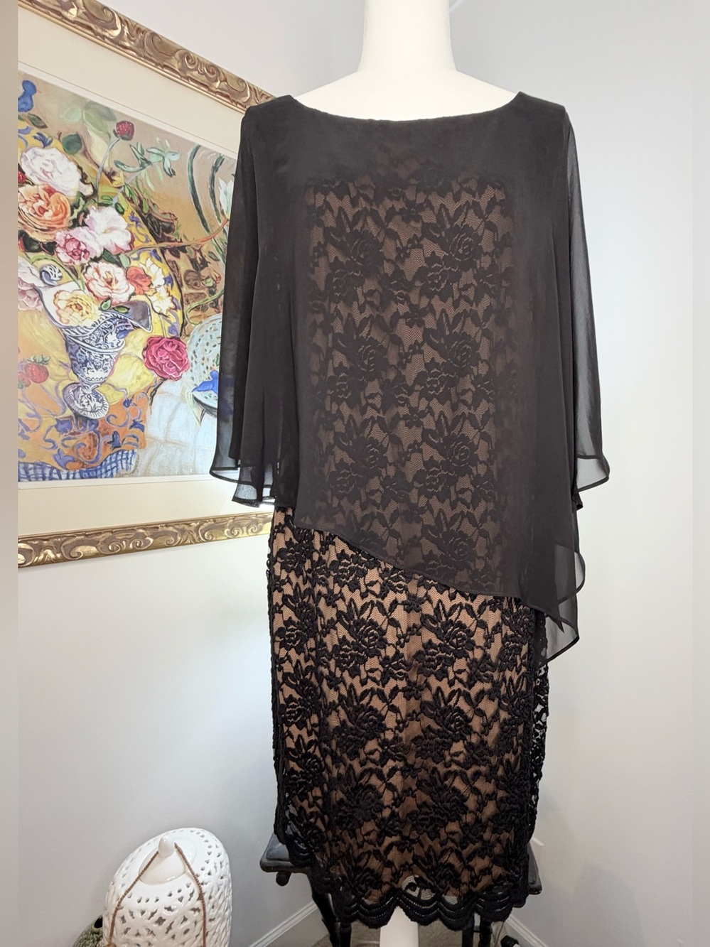Connected Apparel Dress 12 Black Nude Lace Chiffon Cape Overlay Cocktail NWT